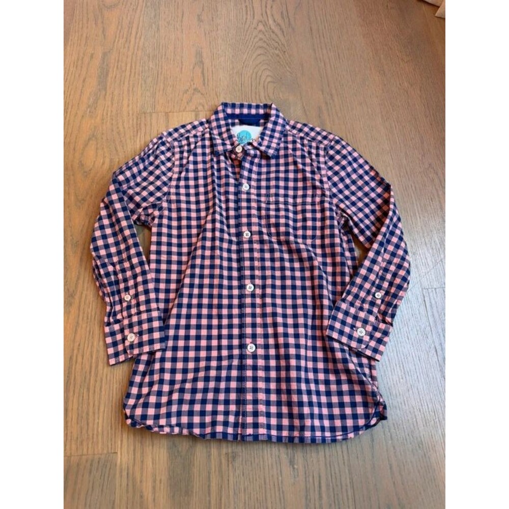 Mini Boden boys 6-7 pink and blue long sleeve button up gingham check